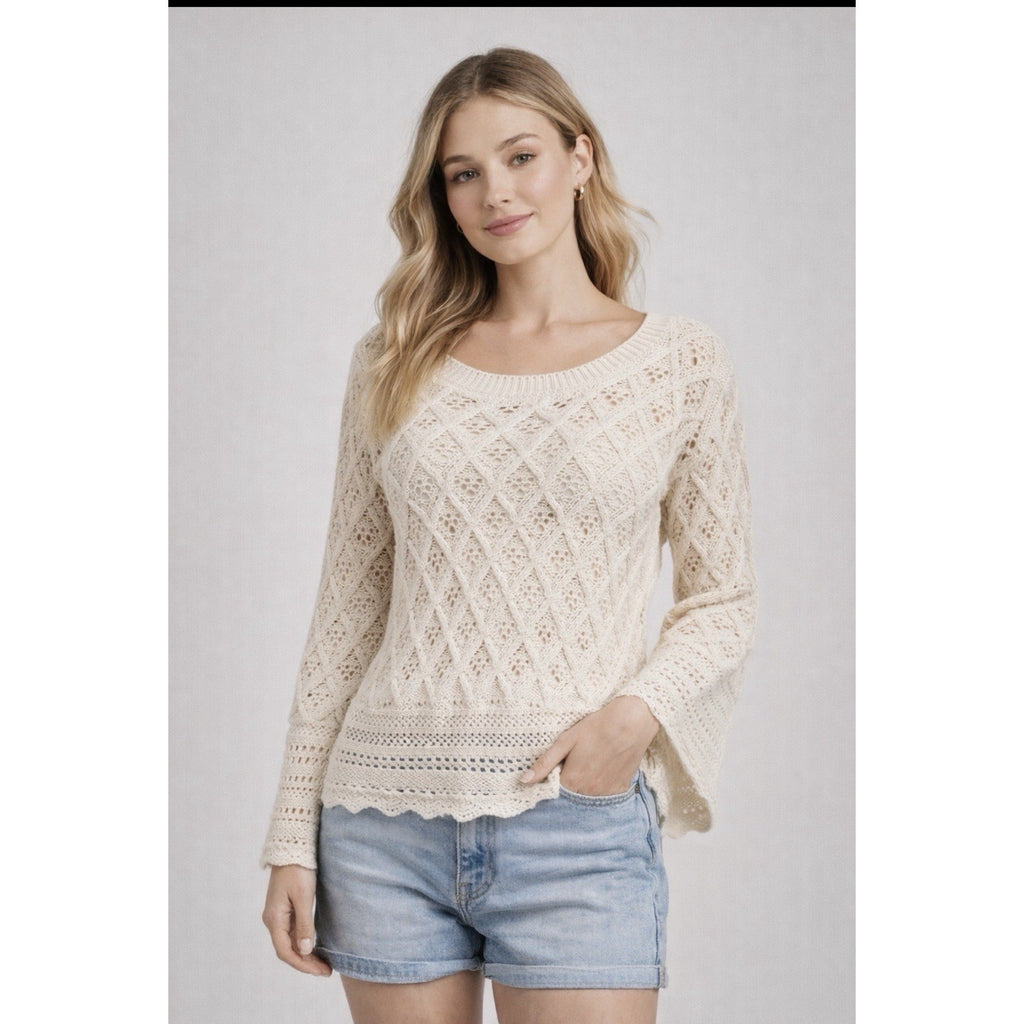 LOFT Women’s Large Cream Open Knit Sweater Bell Sleeve Boho Cotton Blend NWT