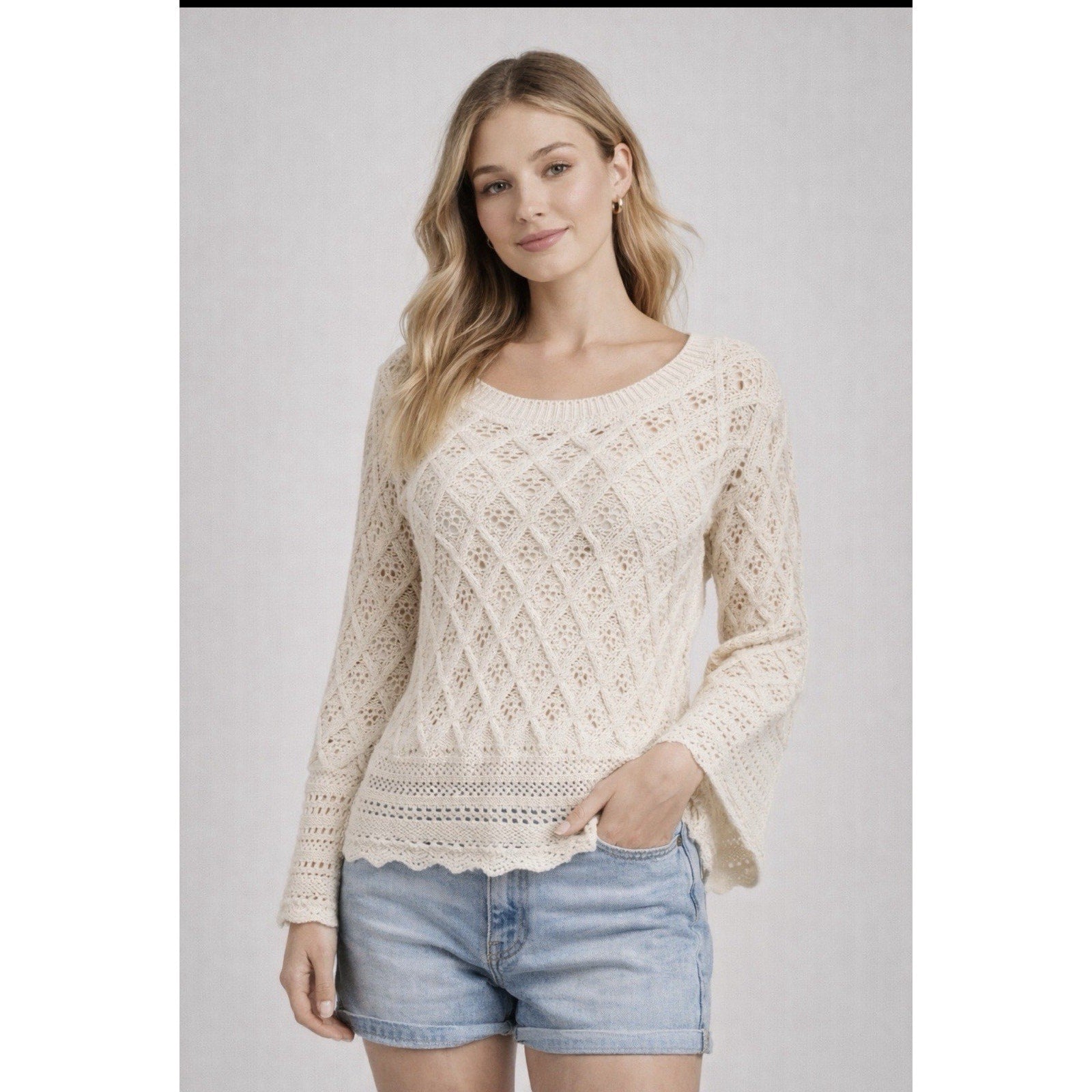 LOFT Women’s Large Cream Open Knit Sweater Bell Sleeve Boho Cotton Blend NWT