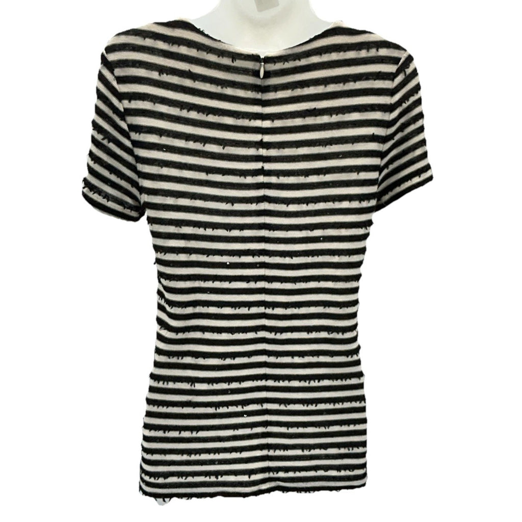 Talbots Womens Black White Striped Shirt Sz Small Short Sleeve Sequins .