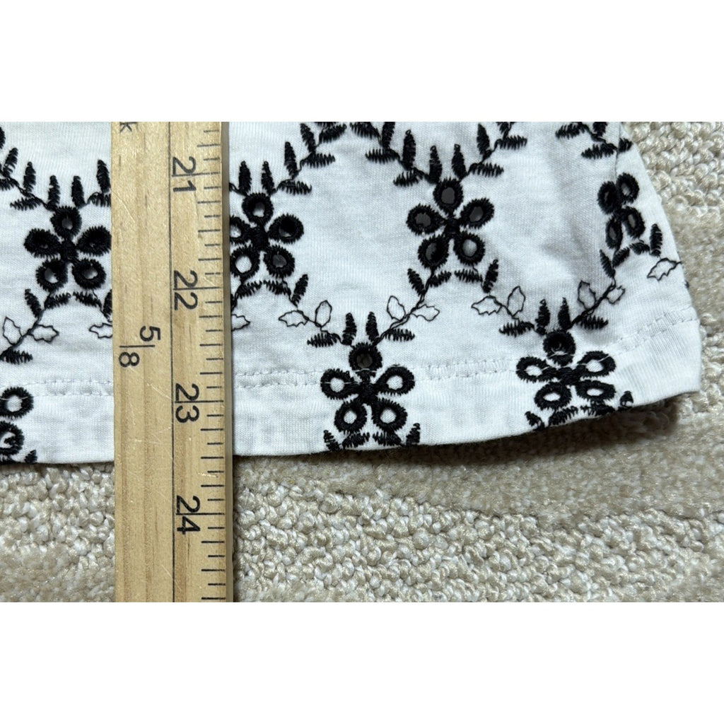 LOFT White/Black Floral Embroidered Square Neck Top Cotton Size Large