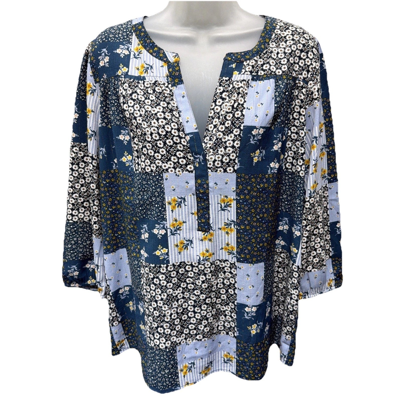 ANN TAYLOR LOFT Blouse M Blue Sheer Patchwork Boho Ditzy Fairy Floral Top