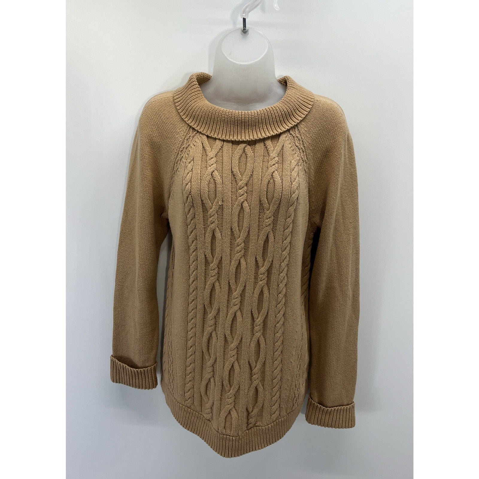 Talbots Women's Cable Knit Sweater Long Sleeve Tan Cotton Size L
