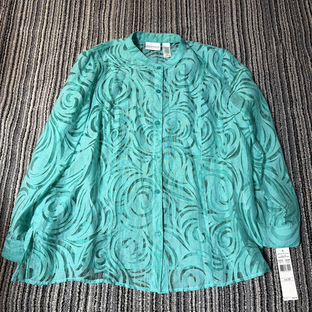 Alfred Dunner Plus Sz 20 Burnout Cover Up Lace Aqua Button-Up Blouse NWT