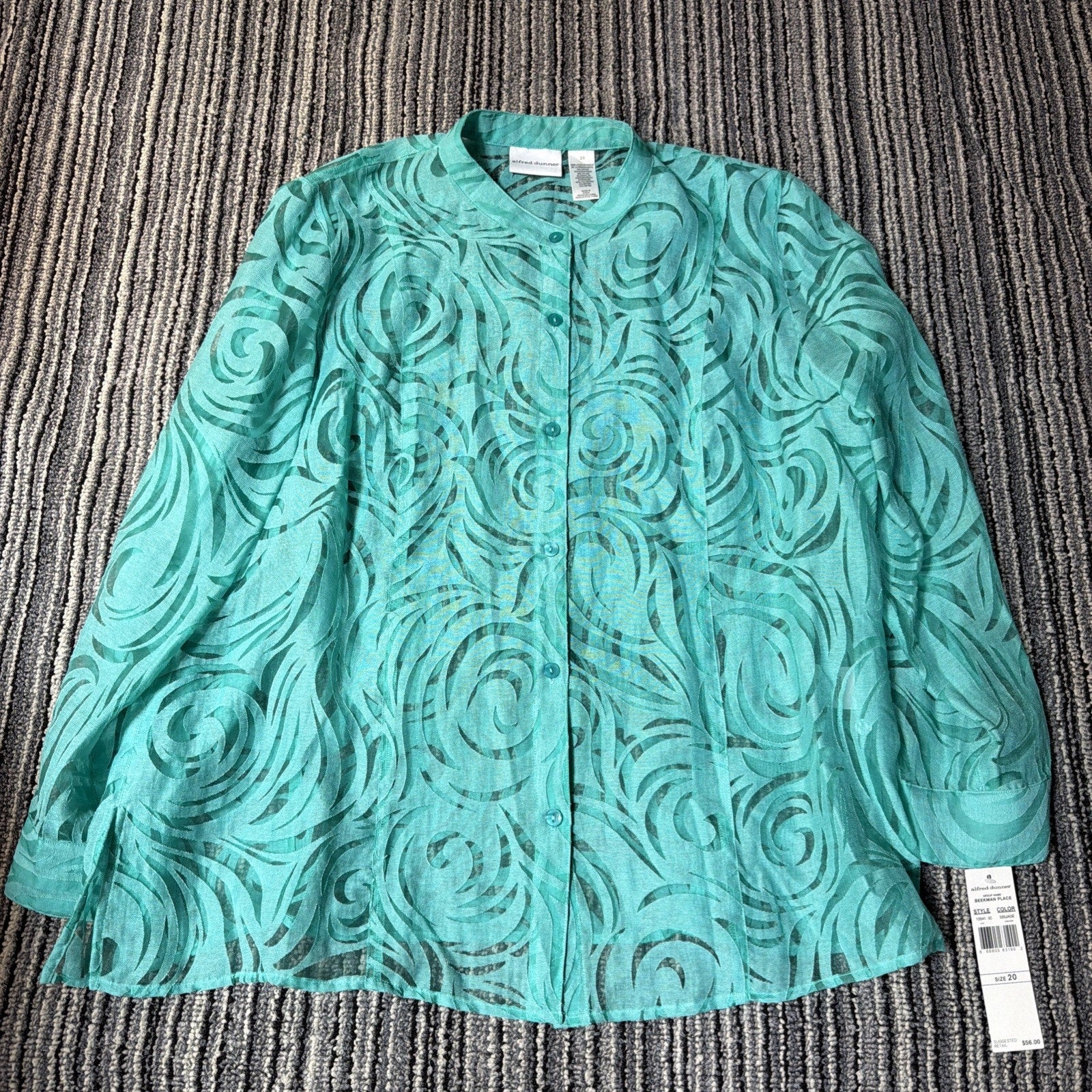 Alfred Dunner Plus Sz 20 Burnout Cover Up Lace Aqua Button-Up Blouse NWT