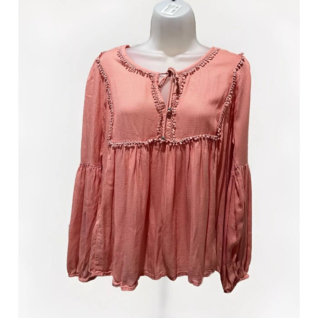 Haute Hippie Peasant Sleeve Peach Boho Size Oversized XS Pompom Lace Detail