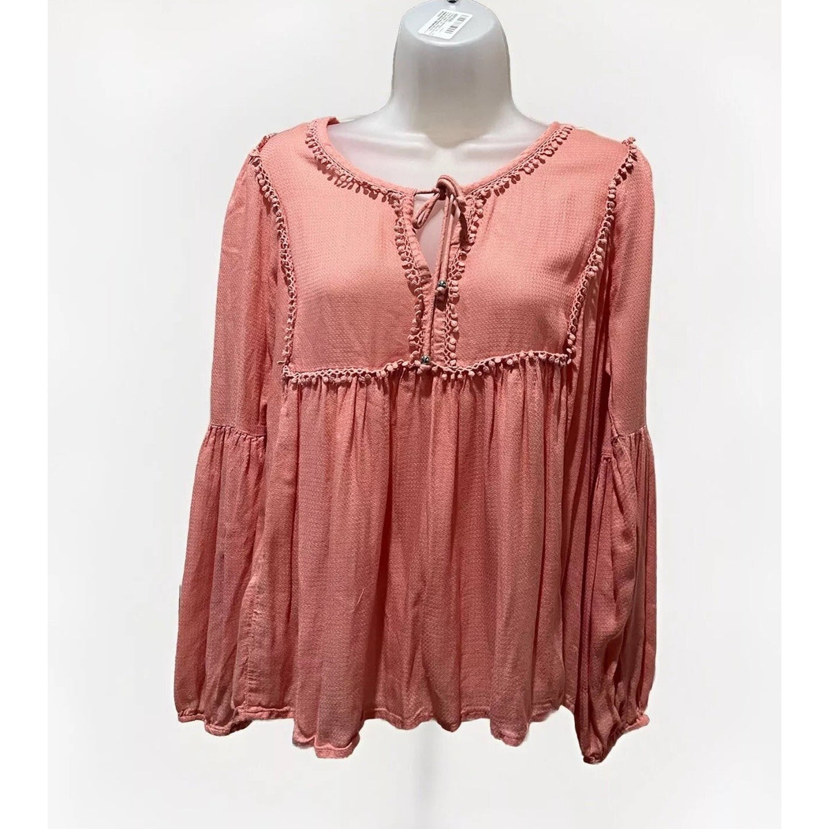 Haute Hippie Peasant Sleeve Peach Boho Size Oversized XS Pompom Lace Detail