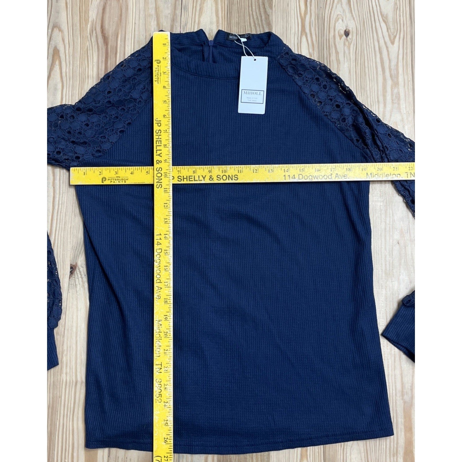 NWT Miholl Women's Waffle Knit Lace Sleeve Navy Zip Blue Knit Top Sz: L