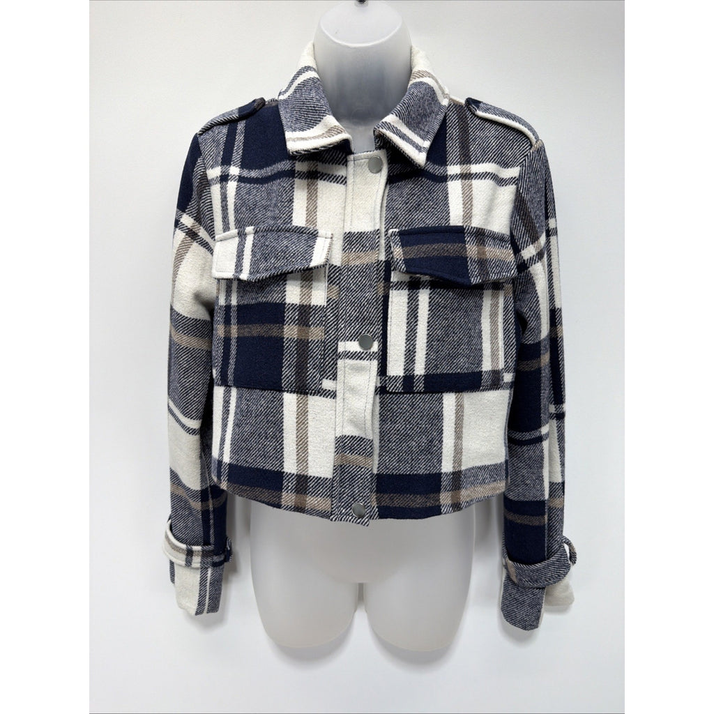 Stoosh Blue Polyester Fall/Winter Plaid Lined Cropped Coat Size Medium