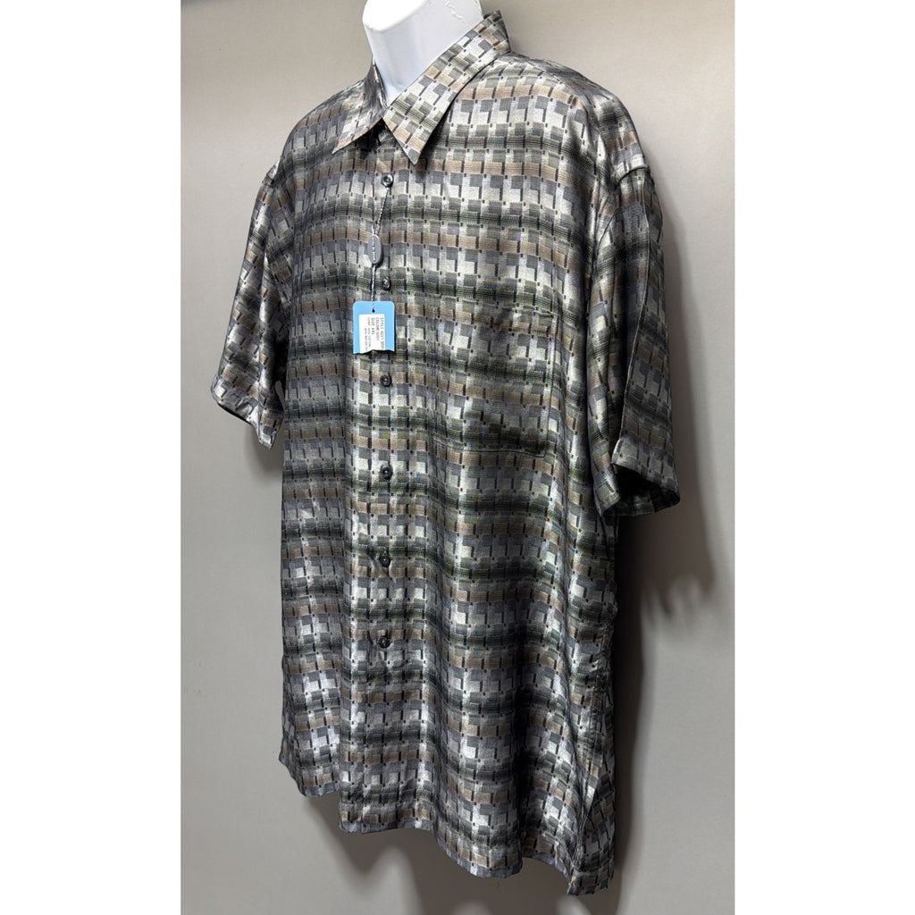 Alora Made In Italy Men’s XXL Geometric Button Front Shirt Gray Tan Retro Y2K