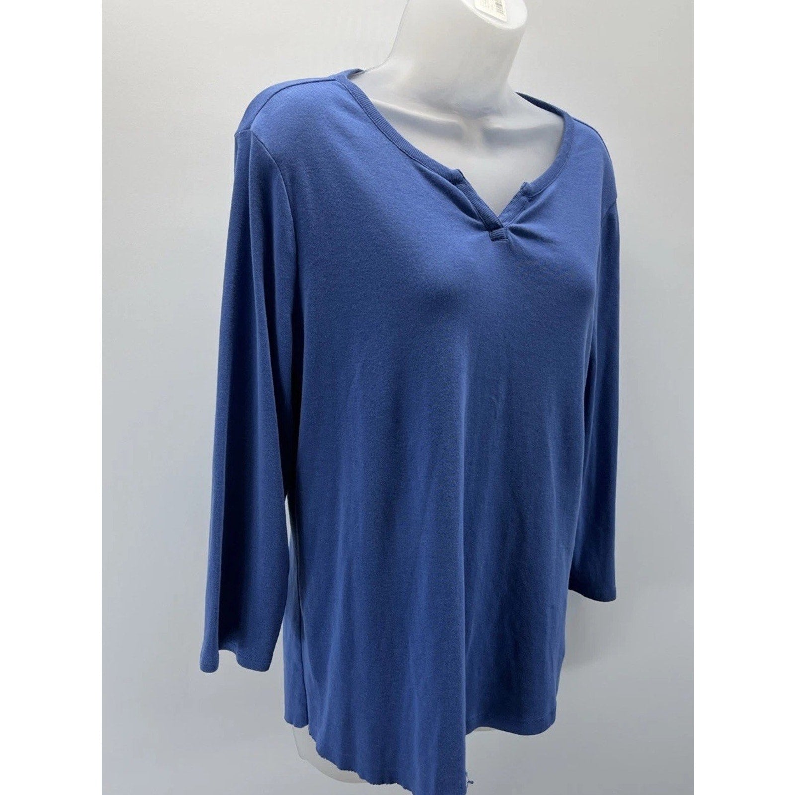 Chicos Women's 1 Small Pullover V-Neck Shirt Tunic 3/4 Sleeve Linen Blue