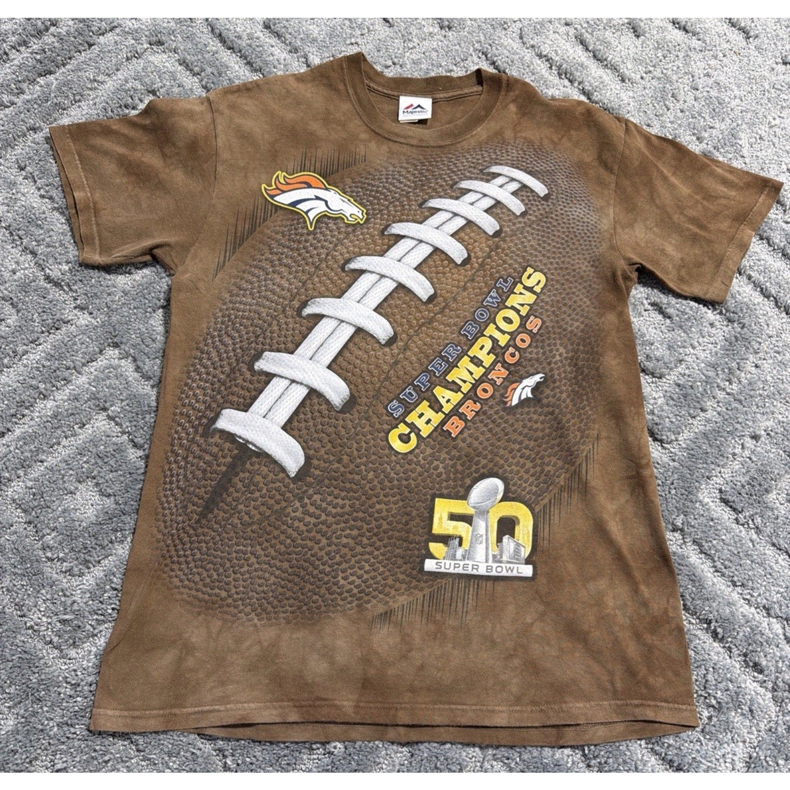 Denver Broncos Majestic Super Bowl 50 Champions Shirt Adult M Brown Tie Dye Mens