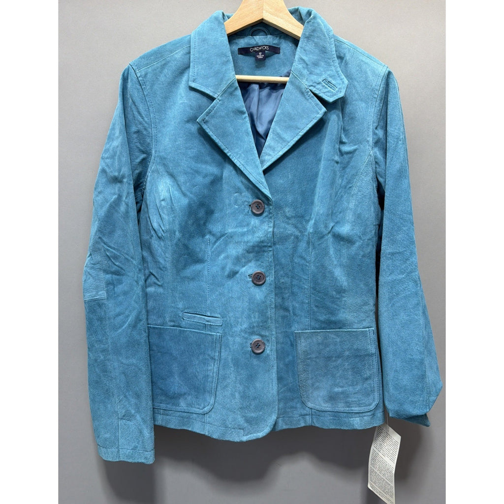 Chadwicks Jacket Teal Genuine Leather Collared Buttons Pockets Lined 12 New