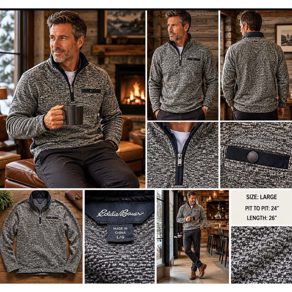 Eddie Bauer Mens Large Gray Heather Sweater Fleece 1/4 Zip Pullover Pocket L