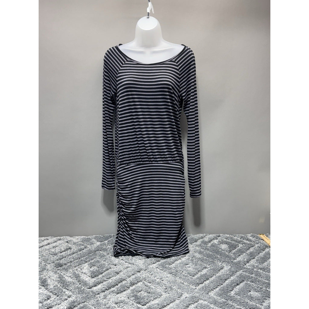 Banana Republic Factory Black/Gray Striped Stretch Knit Dress Ruching Women’s S
