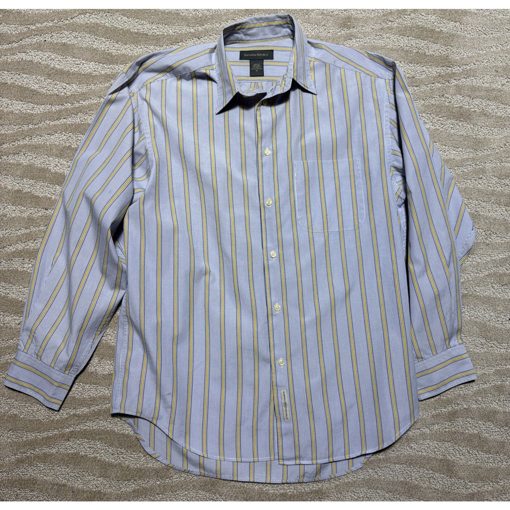 Vintage 90s Banana Republic Button Down Shirt Mens Medium Blue Yellow Stripe