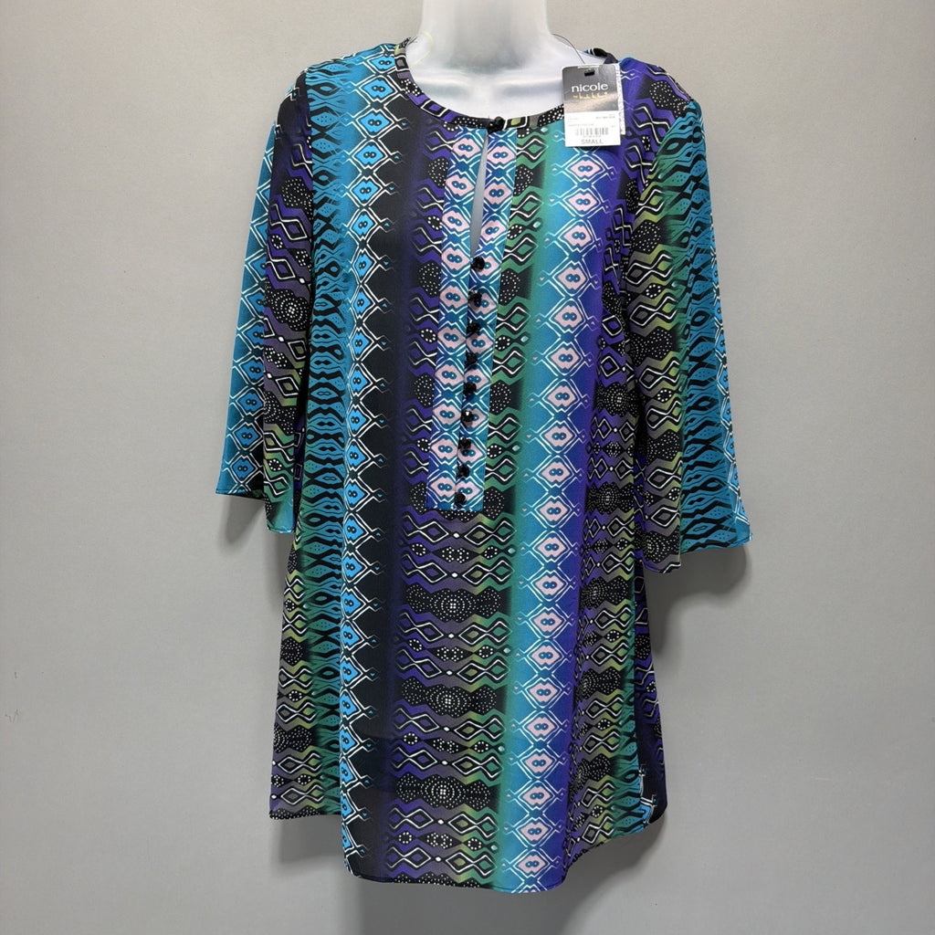 Nicole Miller Blouse Womens Small Tunic Geometric Keyhole Neckline 3/4 Sleeve