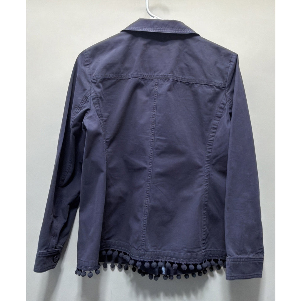 Talbots Navy Blue Pom Pom Trim Twill Cargo Jacket Size Petite M Preppy Causal
