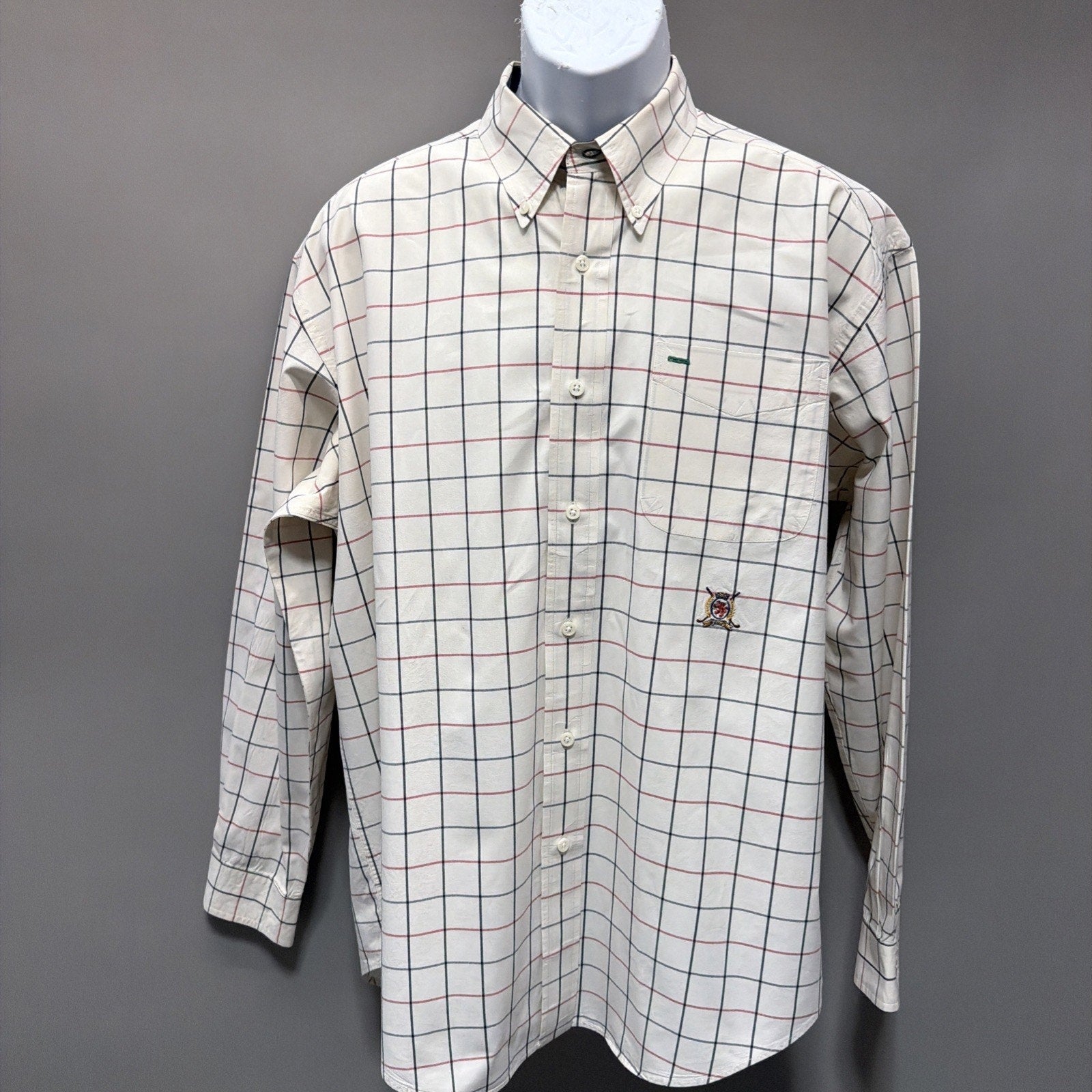 Tommy Hilfiger Golf Vintage 90s Tattersall Plaid Twill Shirt Biege Crest Logo