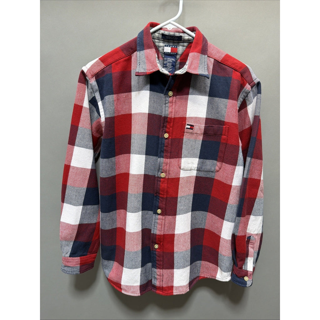 TOMMY HILFIGER Men Large Cotton Red White Blue Plaid Heavy Flannel Shirt