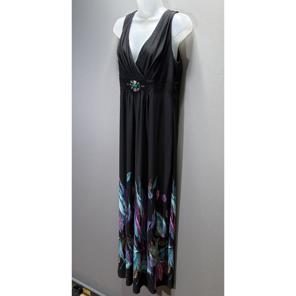 Ronni Nicole Maxi Dress Womens 12 Black Artsy Floral Stretch Sleeveless Boho