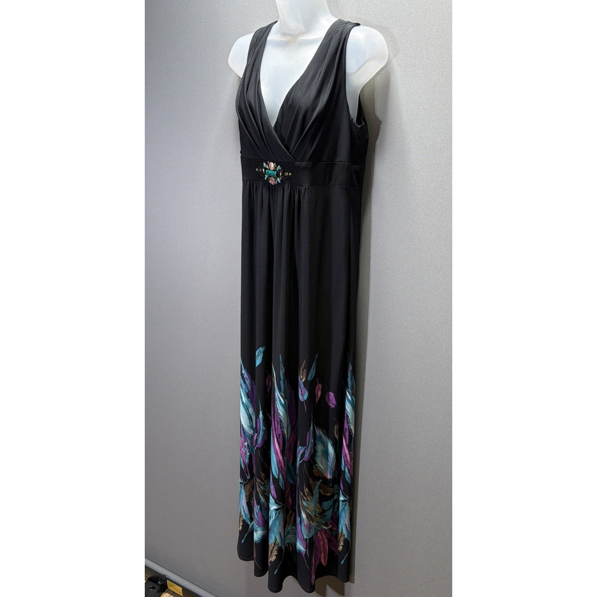 Ronni Nicole Maxi Dress Womens 12 Black Artsy Floral Stretch Sleeveless Boho
