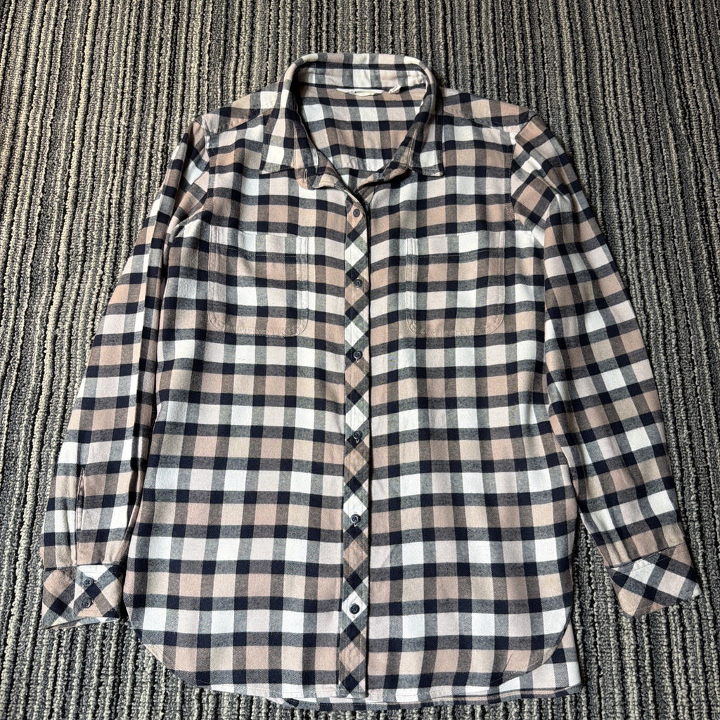 Athleta Pink Navy Lumberjilll Cotton Blend Plaid Button Down Shirt Size M