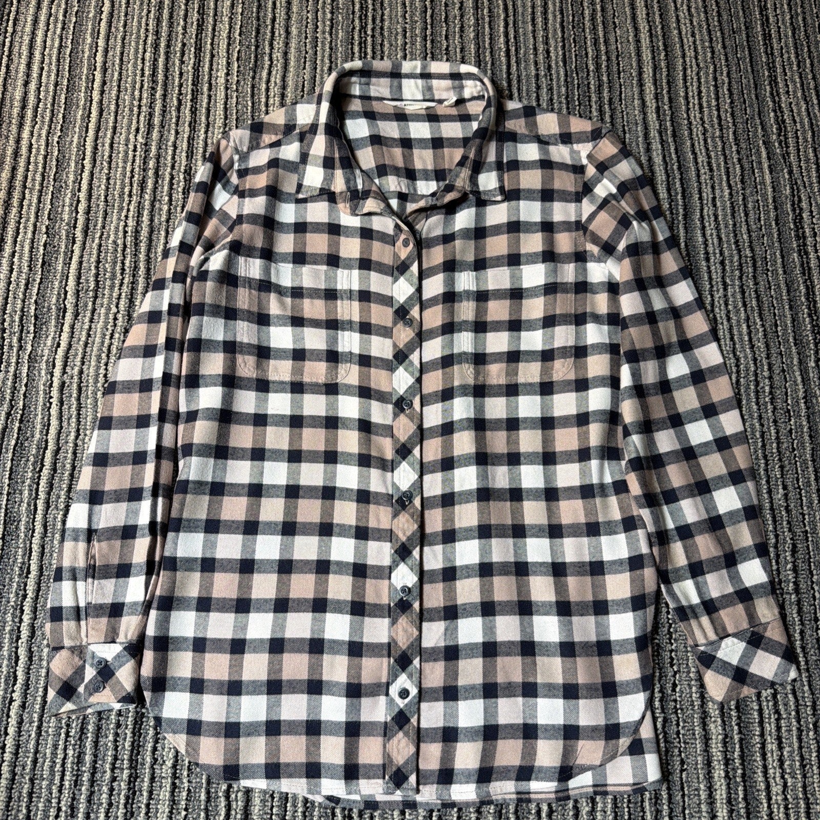 Athleta Pink Navy Lumberjilll Cotton Blend Plaid Button Down Shirt Size M