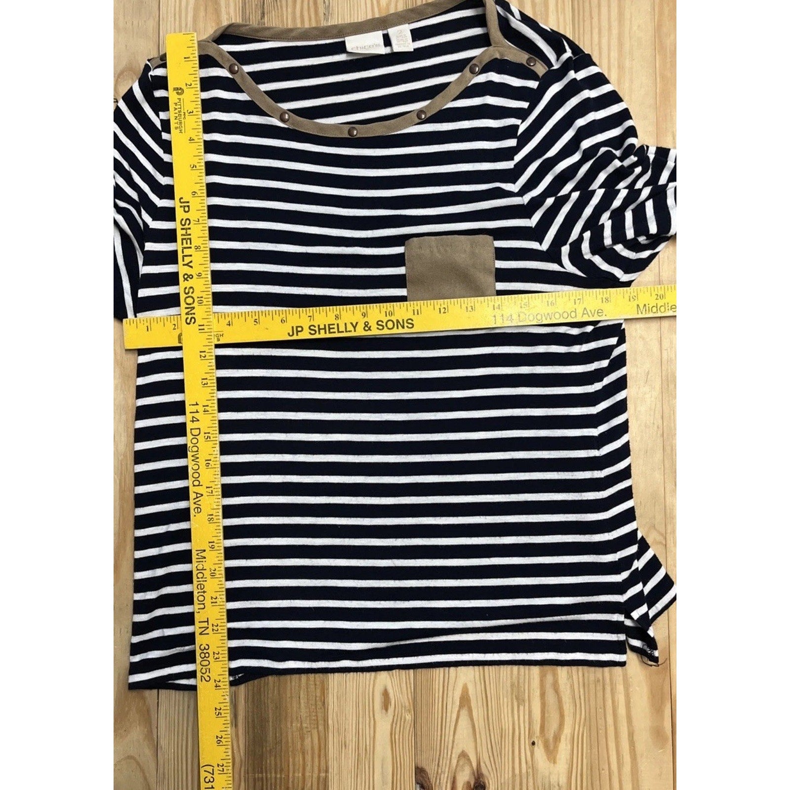Chico's Indigo White Striped Jumper Top Faux Suede Trim Size 2