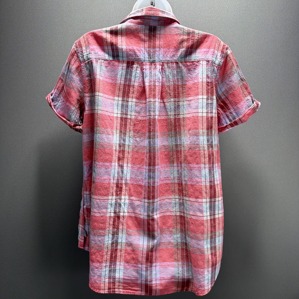 Eddie Bauer Shirt Women L Pink Plaid Button Up Collared Short Sleeve Stretch