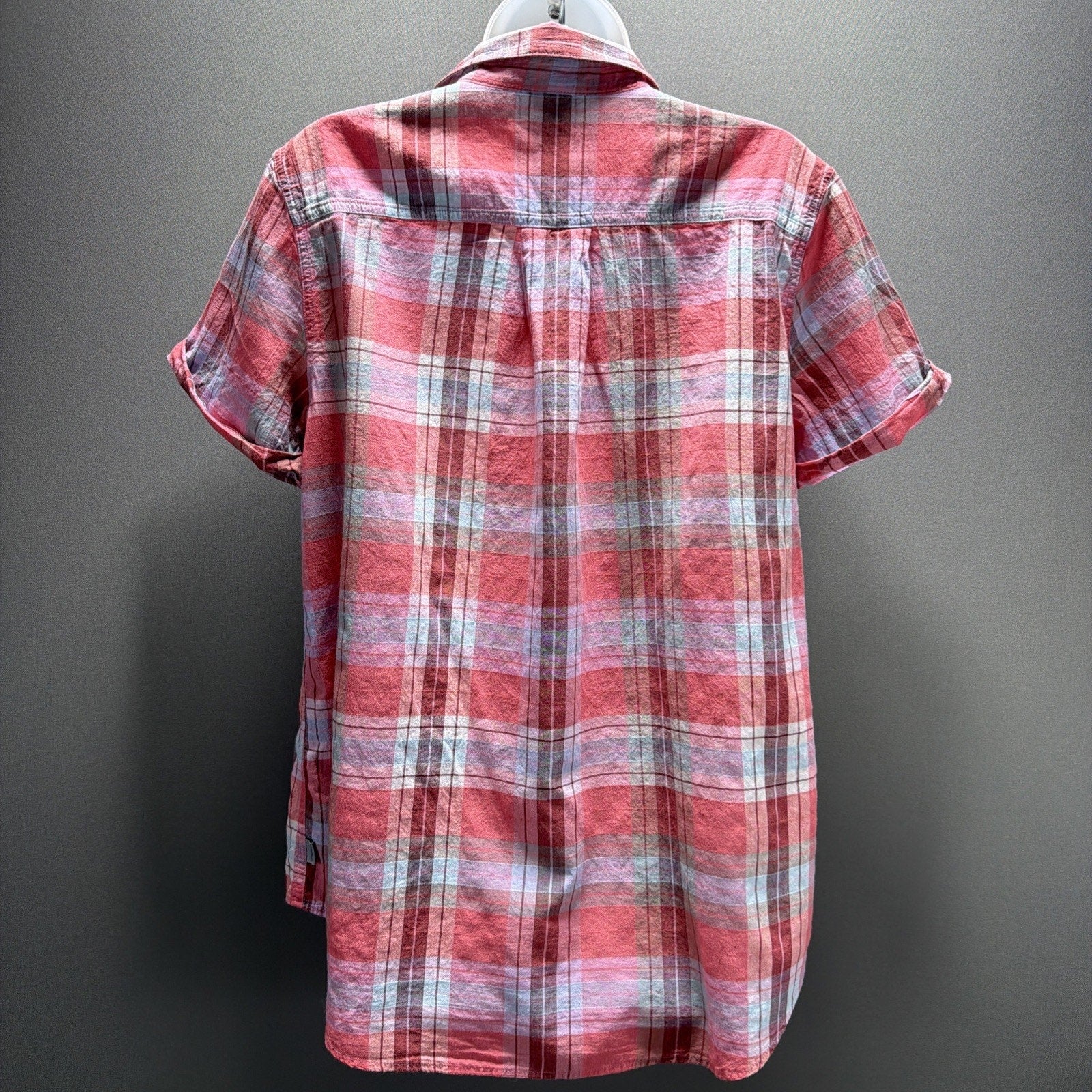 Eddie Bauer Shirt Women L Pink Plaid Button Up Collared Short Sleeve Stretch