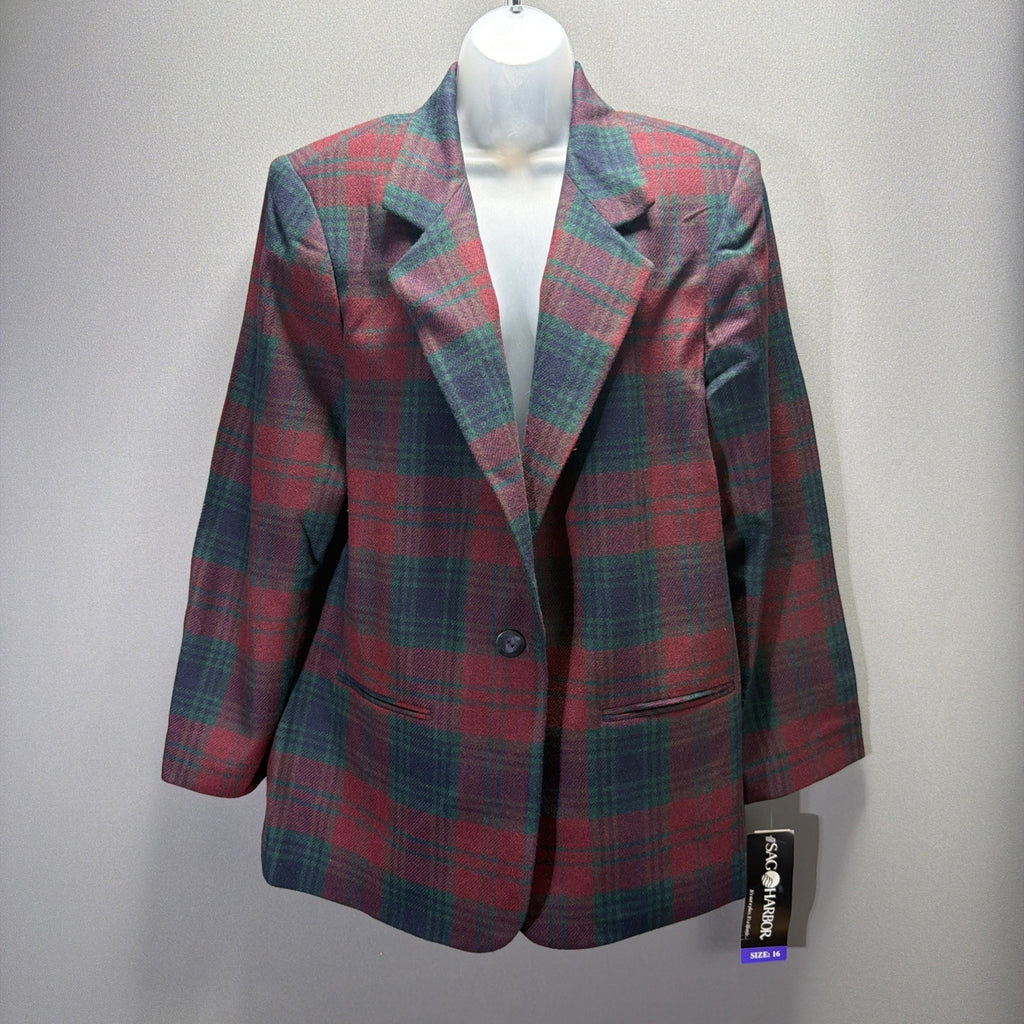 Vtg Sag Harbor Women's 12 Red Plaid Wool Blend Single Breasted Lined Blazer NWT
