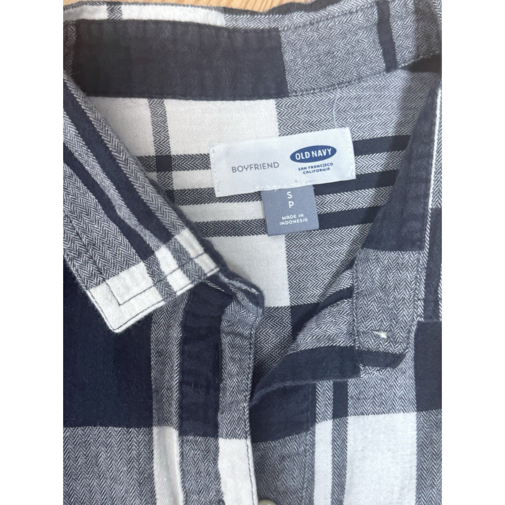 Old Navy Boyfriend Popover Shirt Black White Plaid Flannel Long Sleeve Women’s S