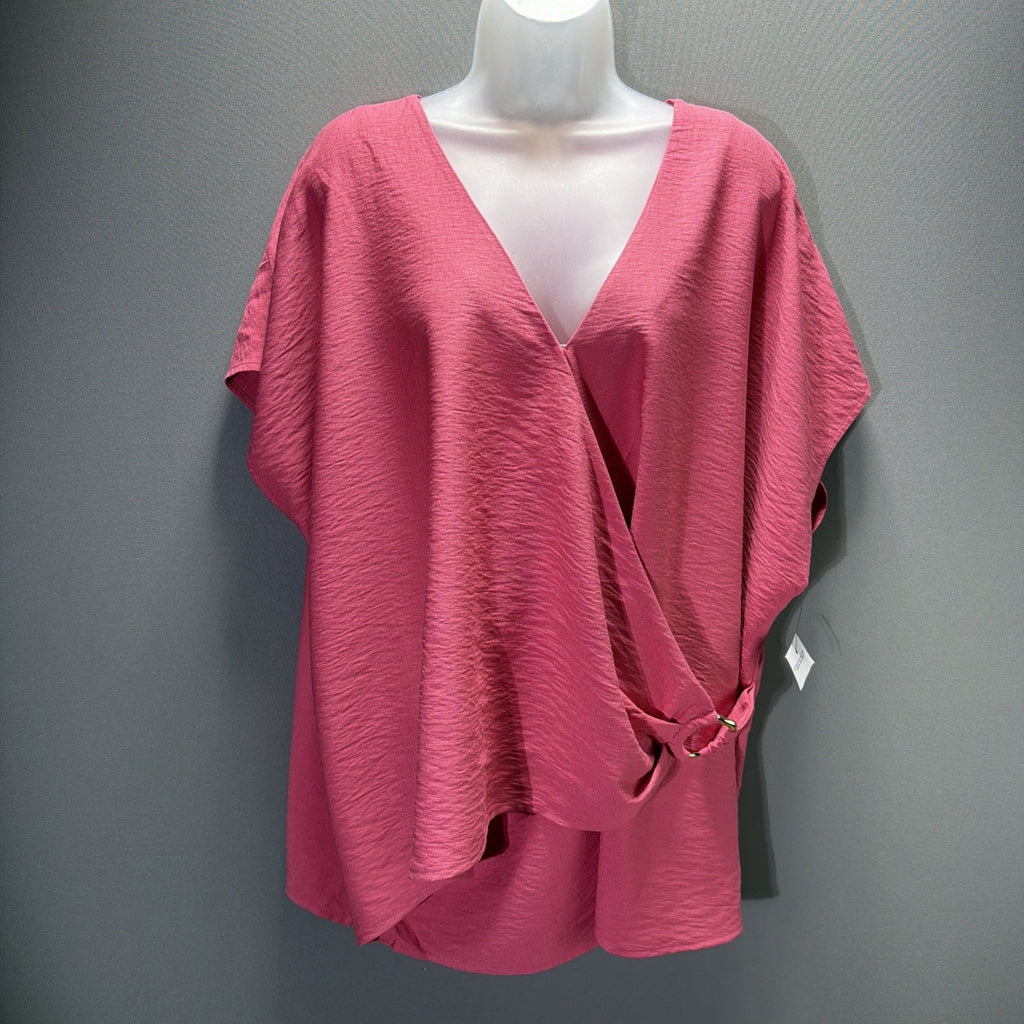 Nine West Plus Size 3X Textured V neck Pink wrap shirt blouse NWT