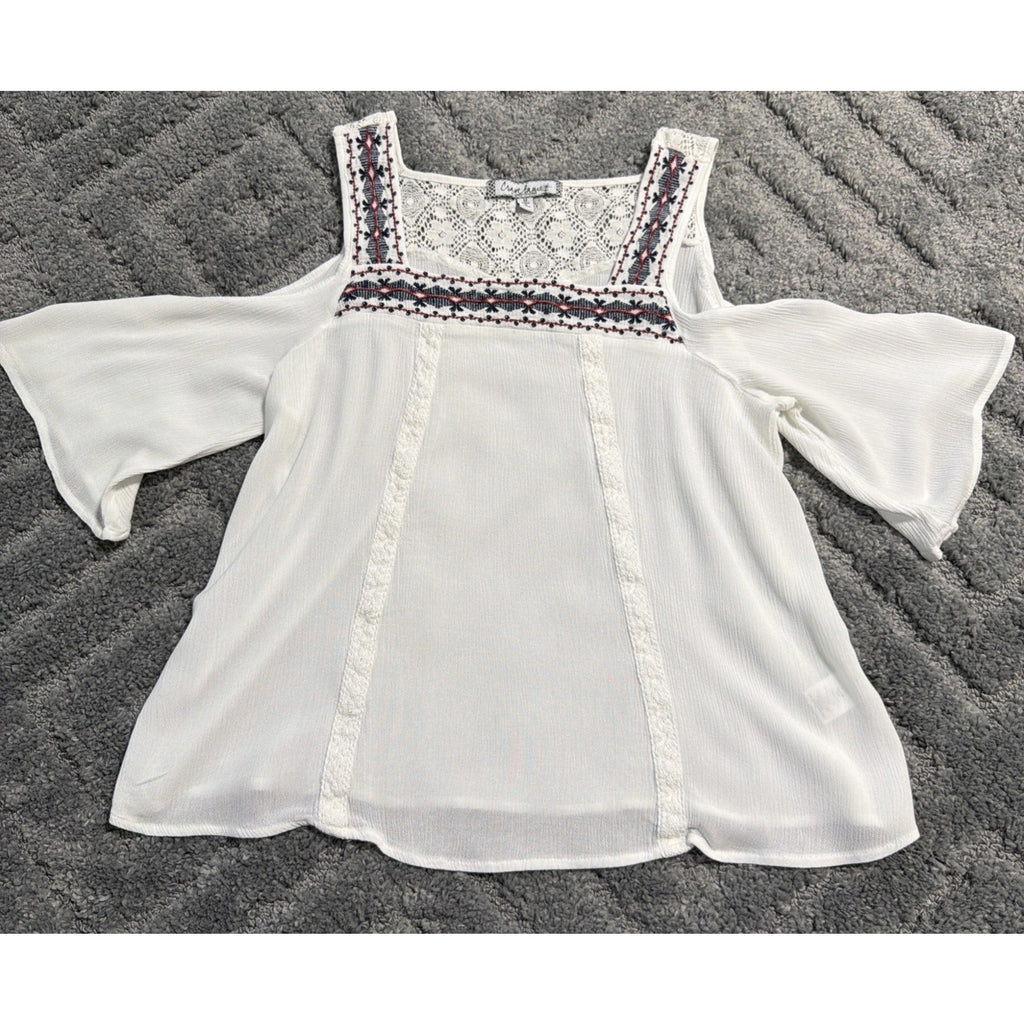Crave Fame White Off the Shoulder Top M Bell Sleeve Lace Back Embroidered Trim