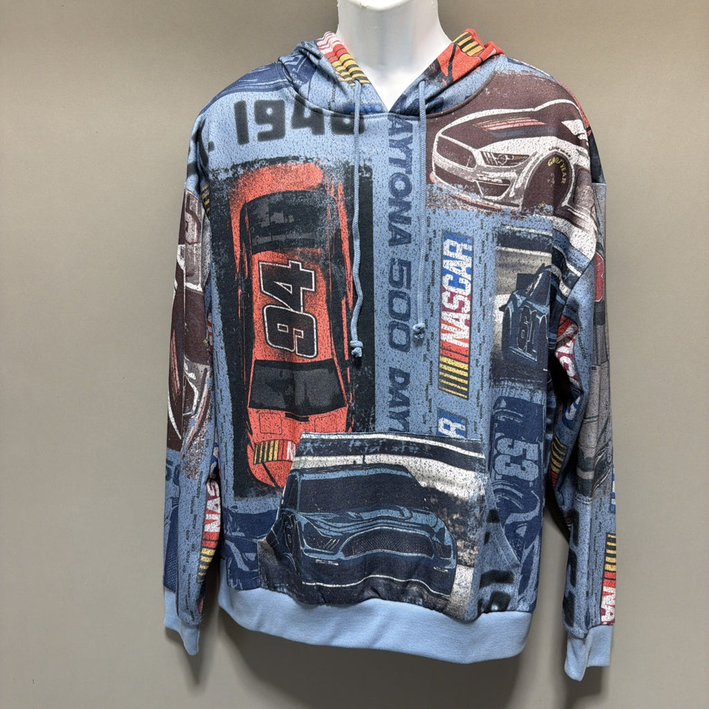 Daytona 500 Hoodie Mens Large Blue NASCAR Auto Racing Graphic Sweatshirt NWOT
