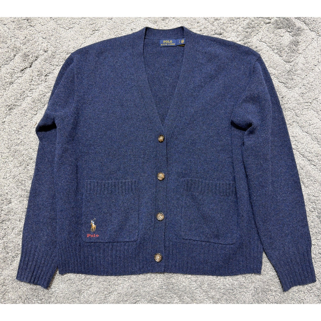Polo Ralph Lauren Cardigan Navy Blue Italian Wool Embroidered Knit Womens S