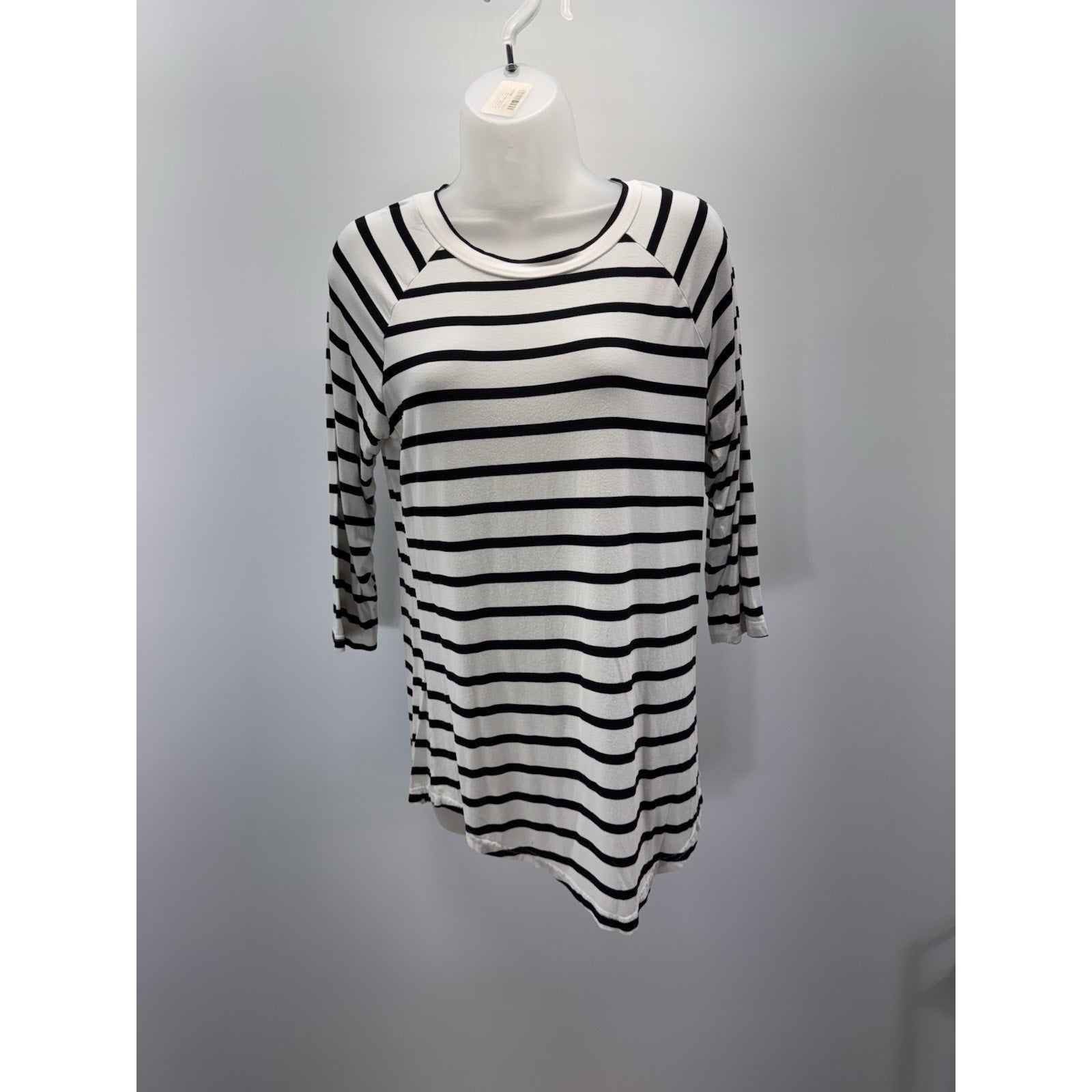 Tickled Teal Blouse Top Shirt Womens M 3/4 Sleeve Striped White Black Long Tunic
