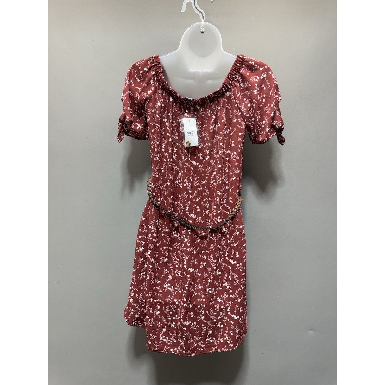 Rue21 Floral Off Shoulder Dress Small NWT Cottagecore Milkmaid Boho Belted Red