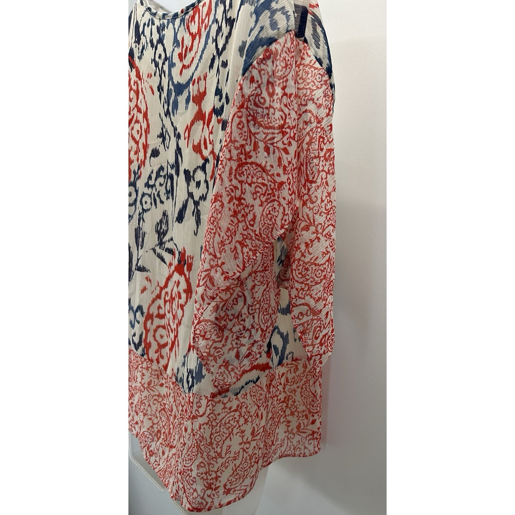 CHICOS Womens Poncho TOP Short Sleeve BLUE Orange Ivory PAISLEY Size 1 (8/10).