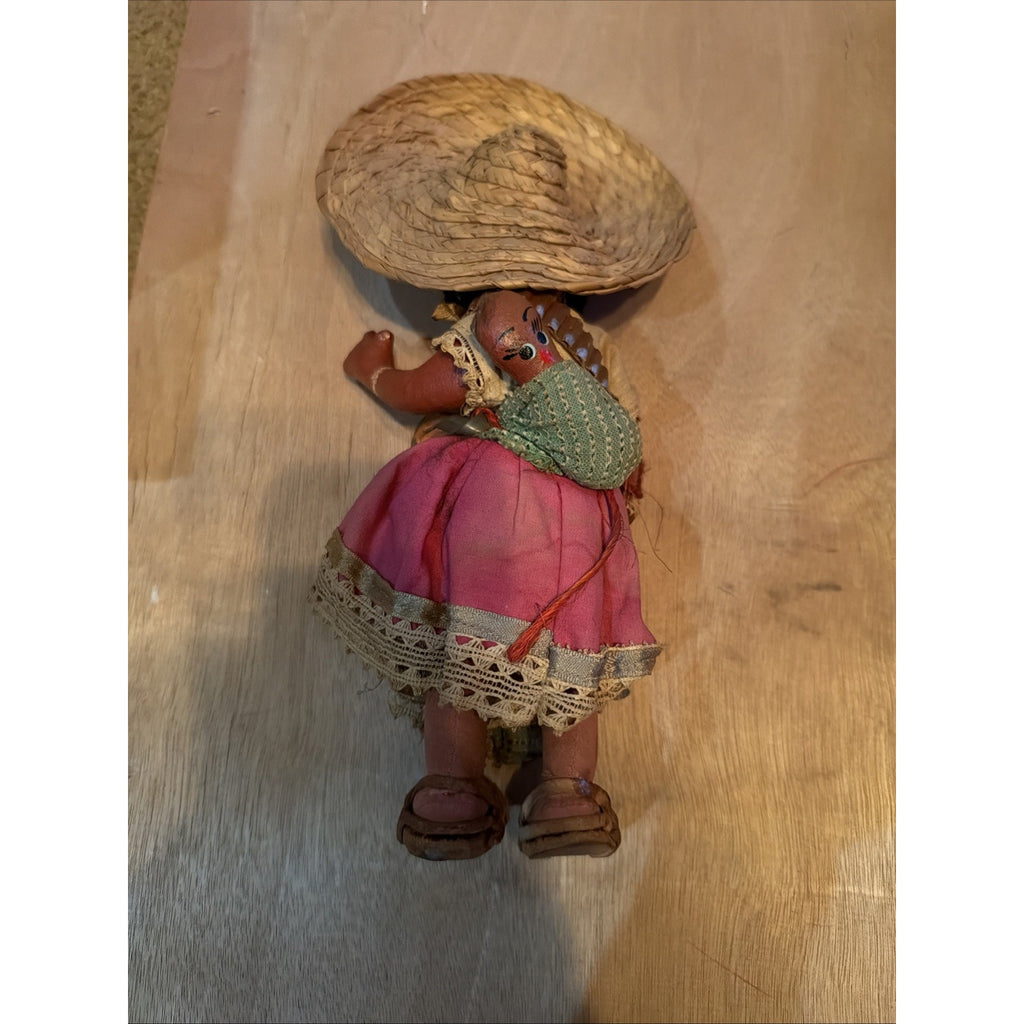 Vintage Mexican Folk Art Mother Baby Doll Sombrero Bowl Pink Dress 14” Souvenir