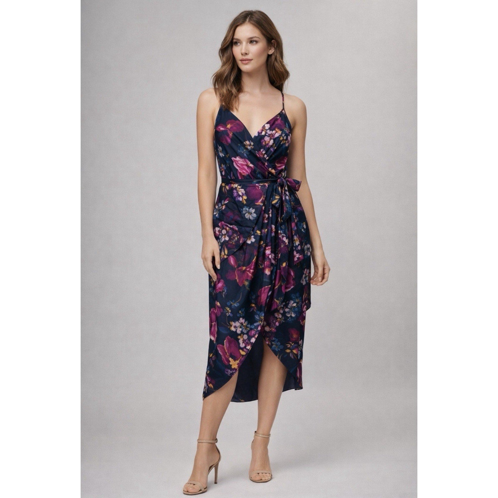 NWT Express Floral Wrap Midi Dress Small Satin Tie Waist Spaghetti Strap Tulip