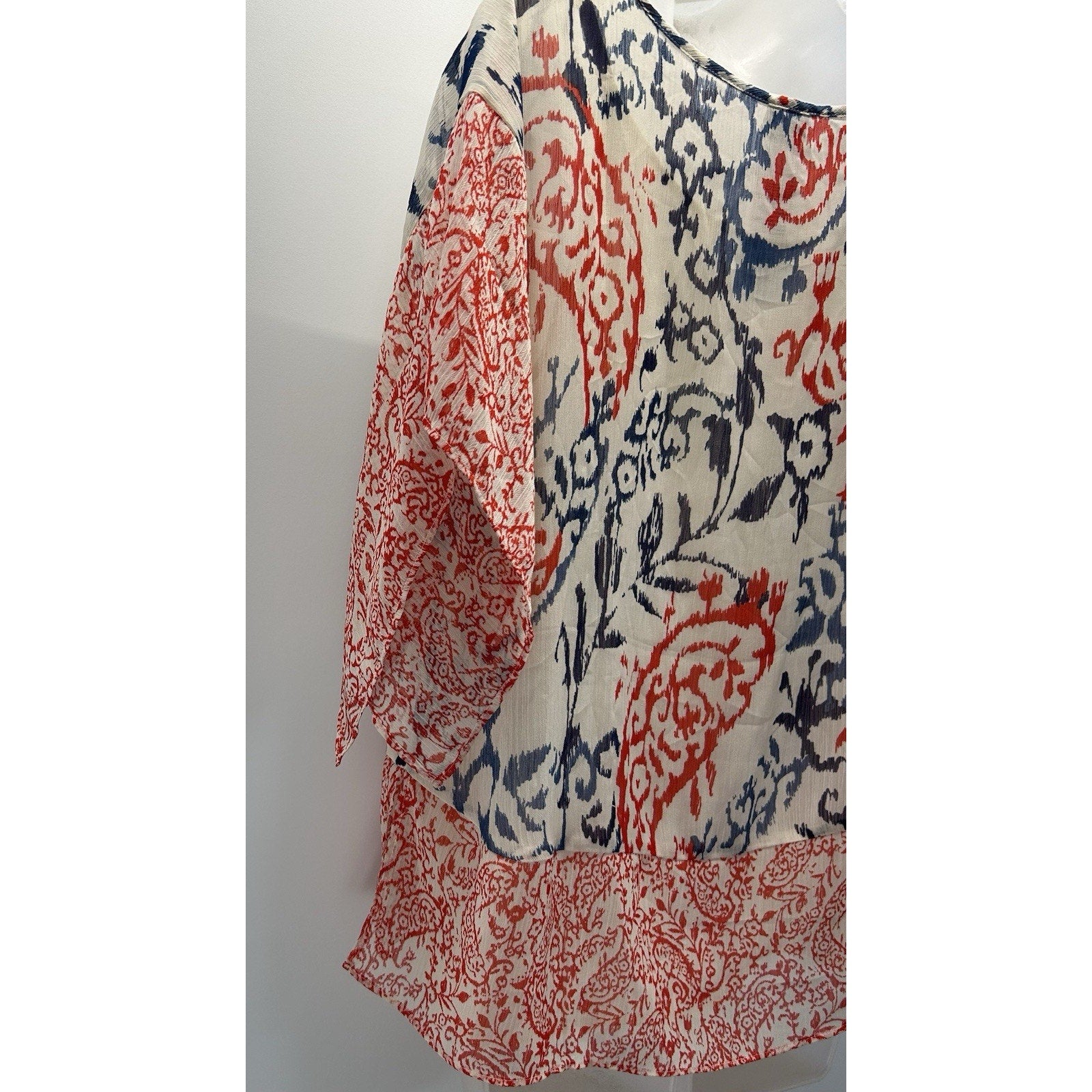 CHICOS Womens Poncho TOP Short Sleeve BLUE Orange Ivory PAISLEY Size 1 (8/10).