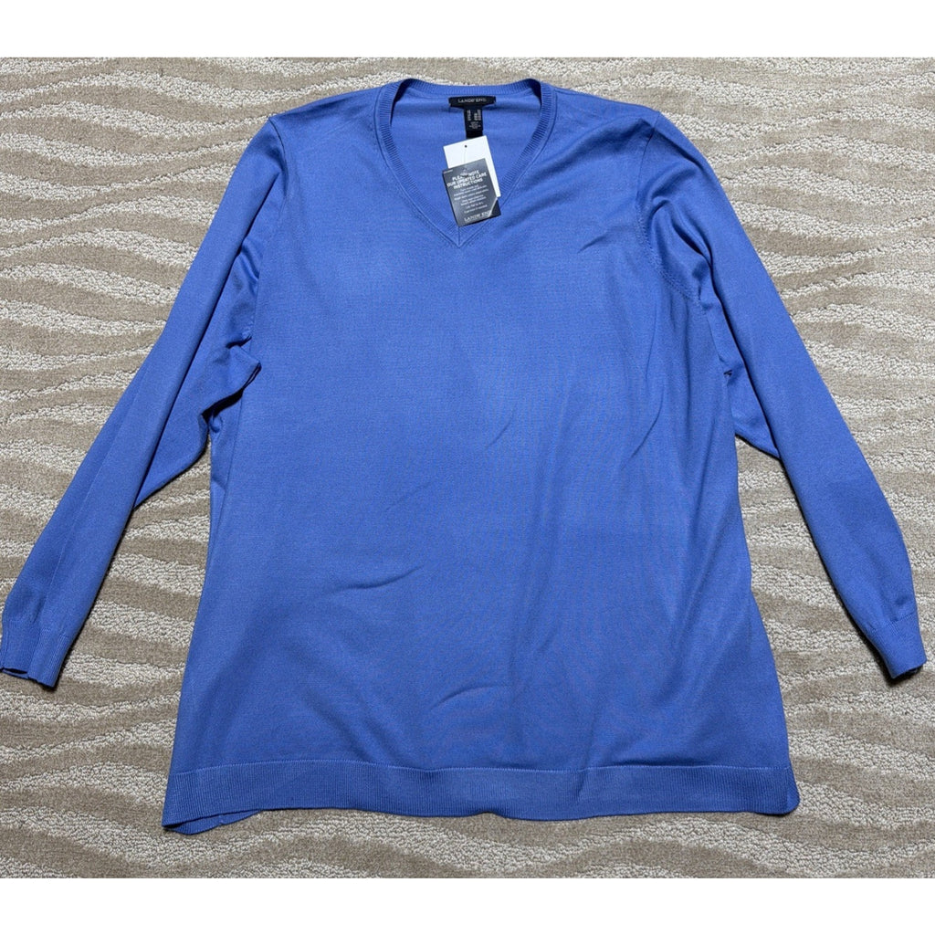Lands End Shirt Top Women's 3X Blue Relaxed Fit V-Neck Long Sleeve NWT