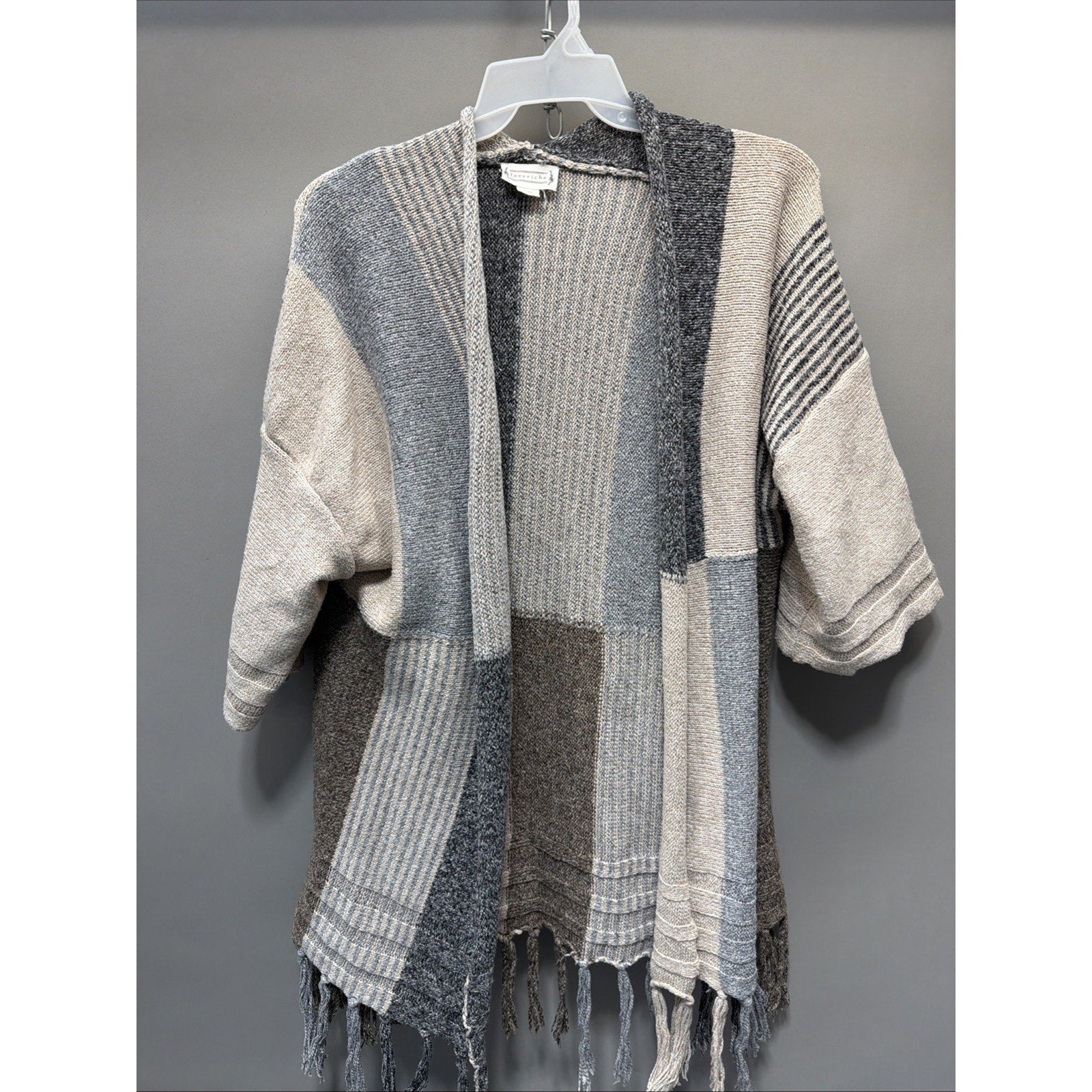 LOVERICHE Women's Patchwork Western Sweater with Fringe Size S/M Taupe,Gray