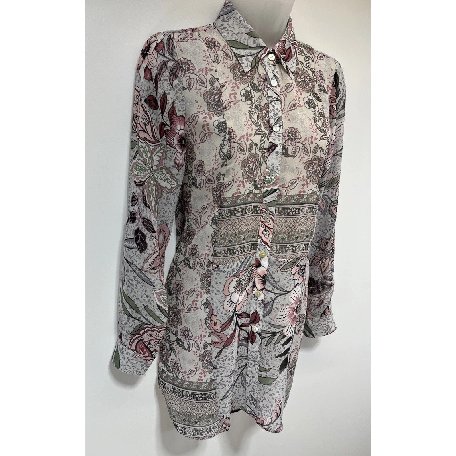Hope Springs Top Womens Small Multicolor Boho Long Sleeve Semi Sheer Button Up