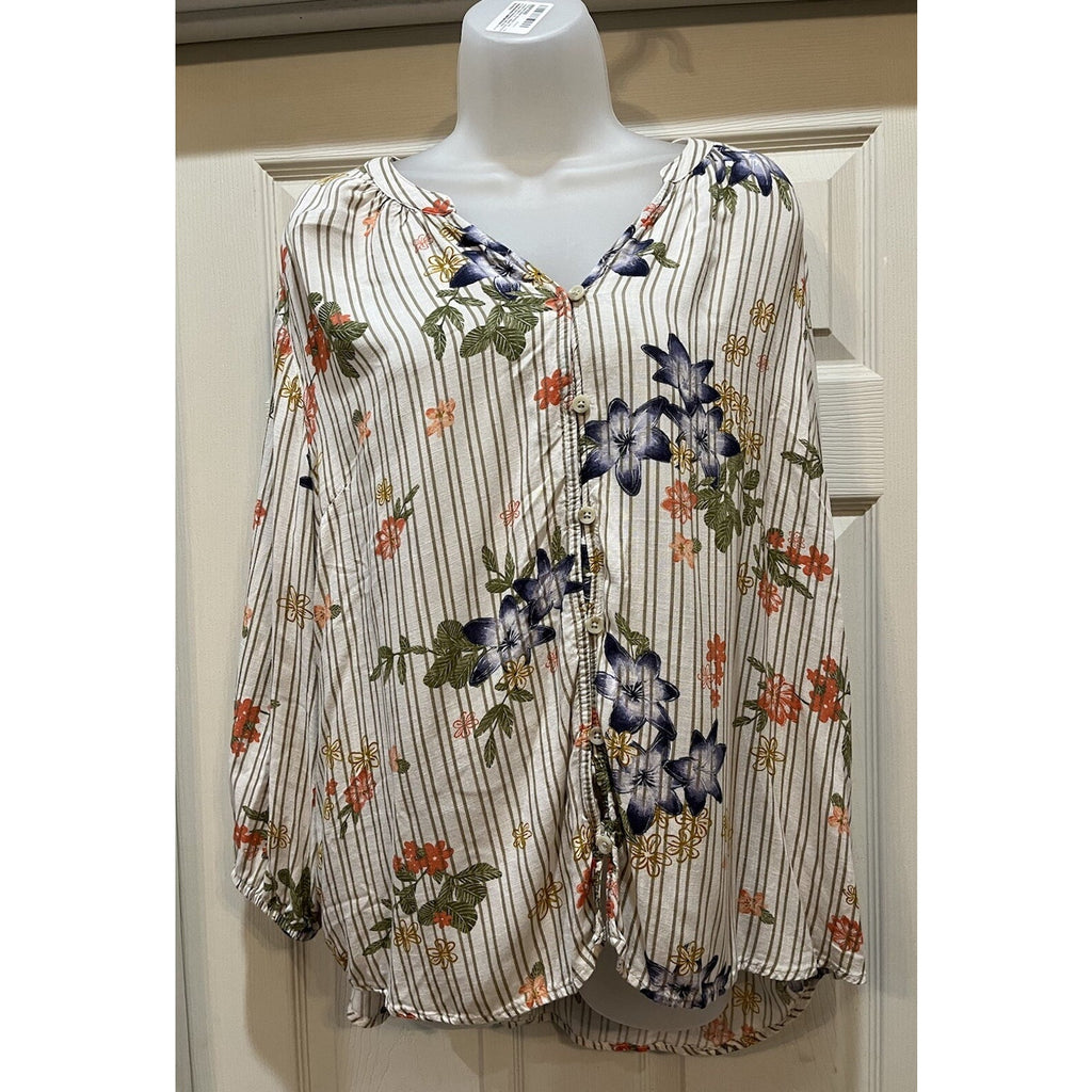 Sonoma Boho Flare Sleeve Tunic Cream Floral Top Women's Size 2XL Cream Striped