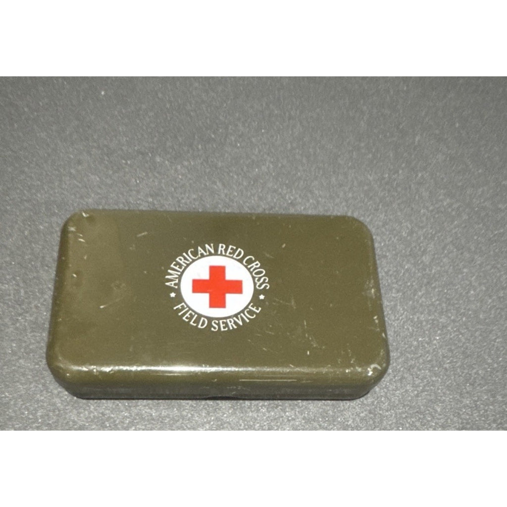 American Red Cross Field Service First Aid Metal Tin Olive Green 5” w/ Contents