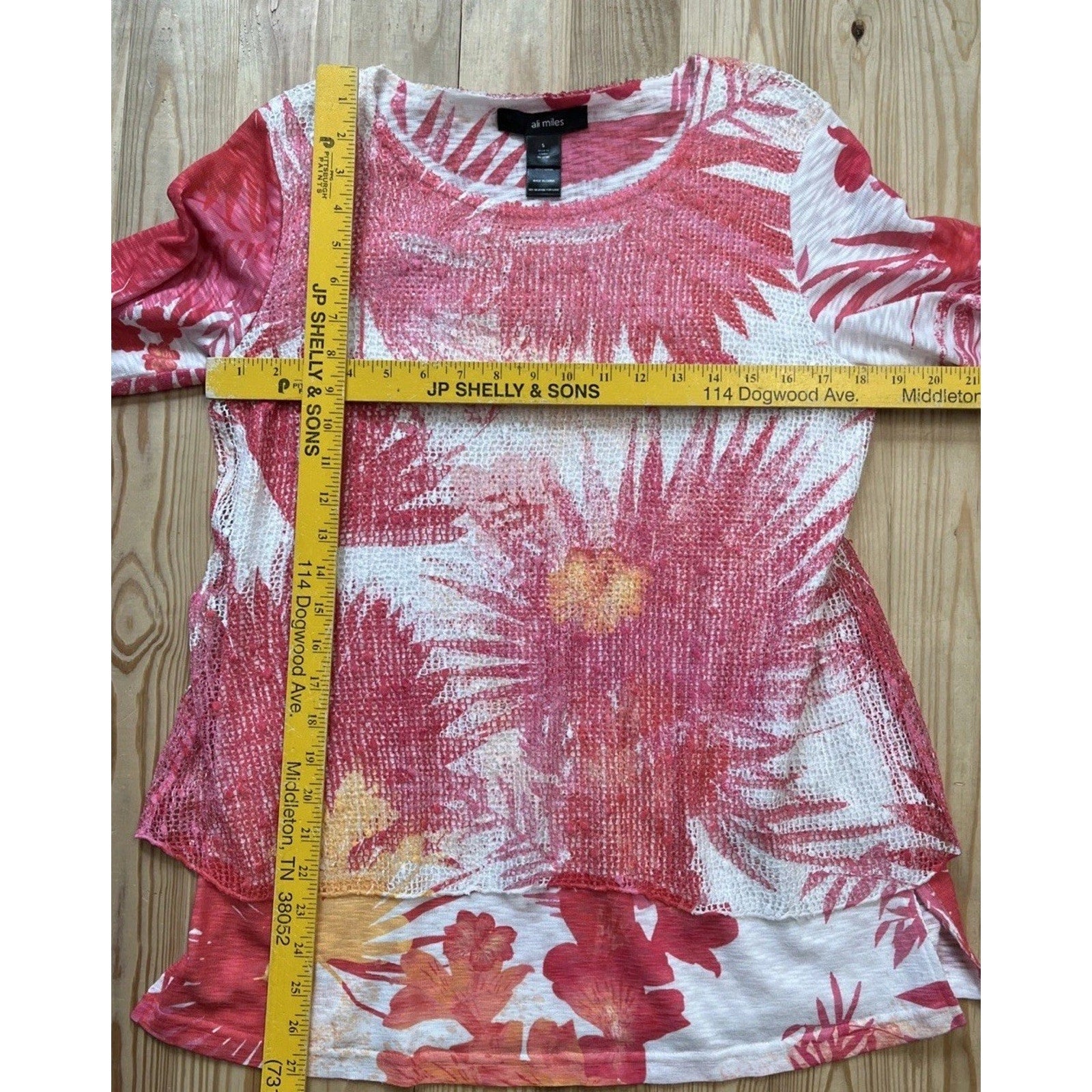 ALI MILES Tunic Top Size Small Floral Pastel Lined 3/4 Mesh Sleeves