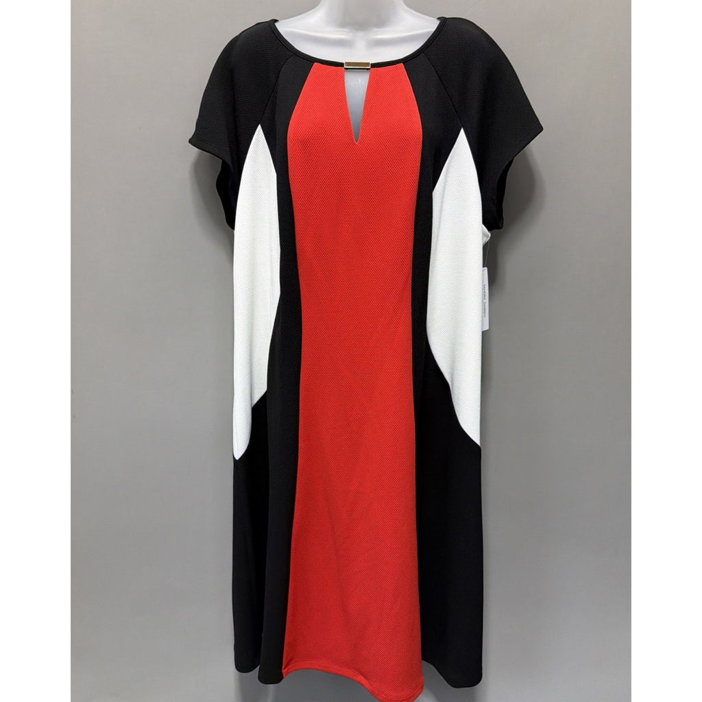 Sandra Darren Dress 22W Red Black White Colorblock A-Line Keyhole Short Sleeve