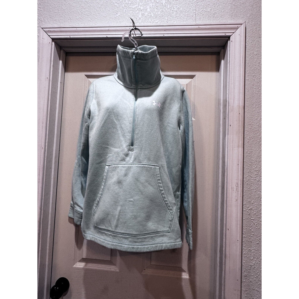 Under Armour Womens Quarter Zip Sweatshirt Fleece Large Mint Green Logo on Back